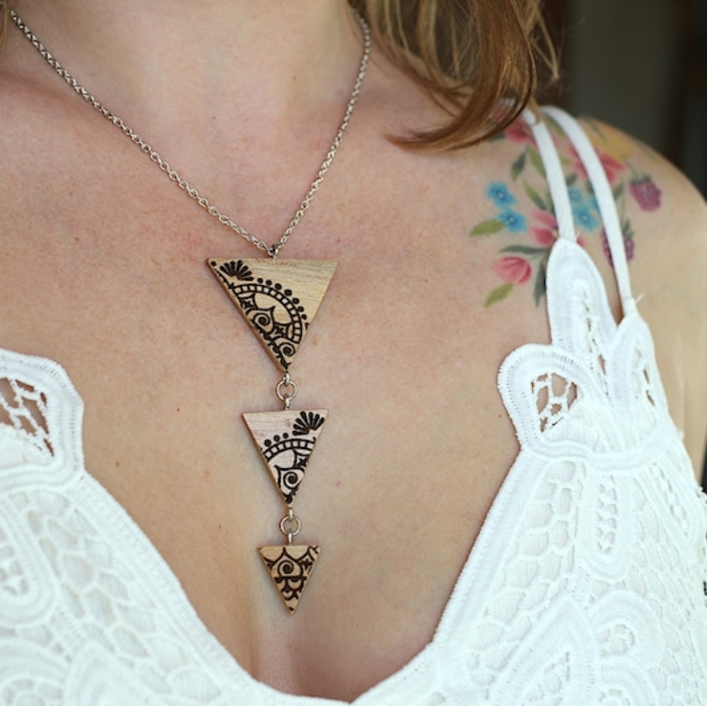 Wooden triangle Mandala necklace